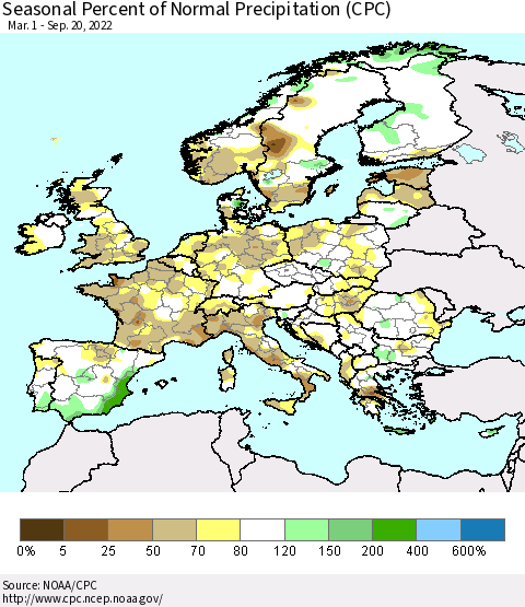 Europe Seasonal Percent of Normal Precipitation (CPC) Thematic Map For 3/1/2022 - 9/20/2022