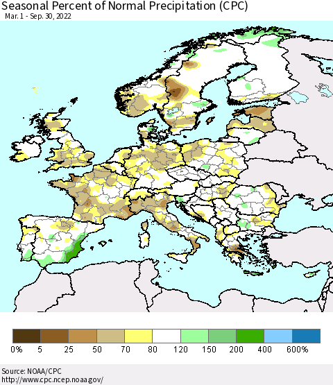 Europe Seasonal Percent of Normal Precipitation (CPC) Thematic Map For 3/1/2022 - 9/30/2022