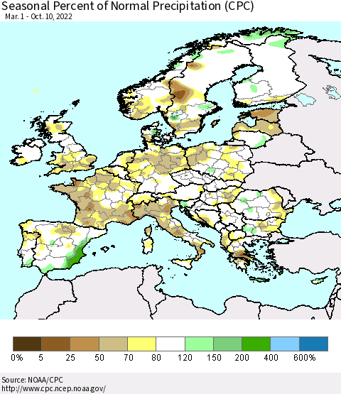 Europe Seasonal Percent of Normal Precipitation (CPC) Thematic Map For 3/1/2022 - 10/10/2022