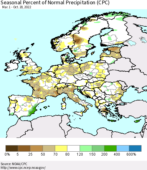 Europe Seasonal Percent of Normal Precipitation (CPC) Thematic Map For 3/1/2022 - 10/20/2022