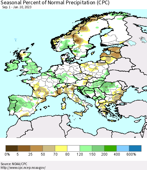 Europe Seasonal Percent of Normal Precipitation (CPC) Thematic Map For 9/1/2022 - 1/10/2023