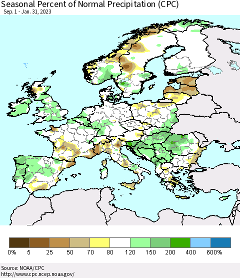 Europe Seasonal Percent of Normal Precipitation (CPC) Thematic Map For 9/1/2022 - 1/31/2023