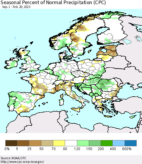 Europe Seasonal Percent of Normal Precipitation (CPC) Thematic Map For 9/1/2022 - 2/20/2023