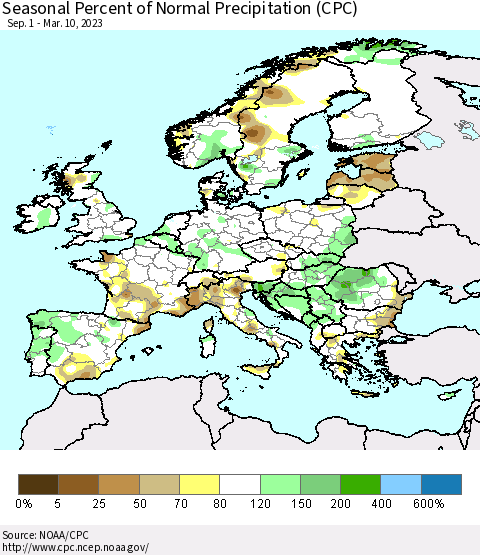 Europe Seasonal Percent of Normal Precipitation (CPC) Thematic Map For 9/1/2022 - 3/10/2023