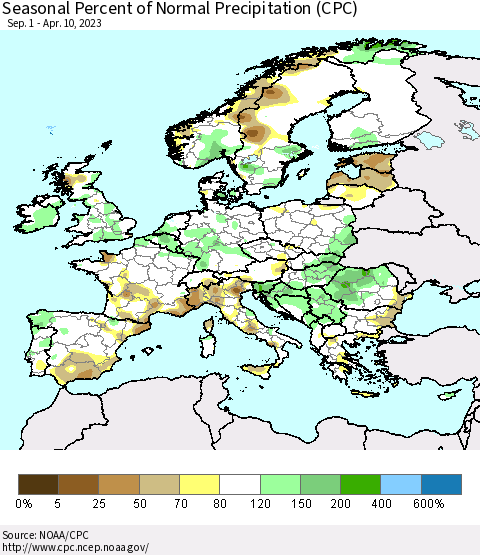Europe Seasonal Percent of Normal Precipitation (CPC) Thematic Map For 9/1/2022 - 4/10/2023