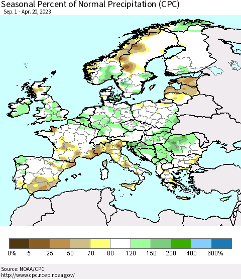 Europe Seasonal Percent of Normal Precipitation (CPC) Thematic Map For 9/1/2022 - 4/20/2023