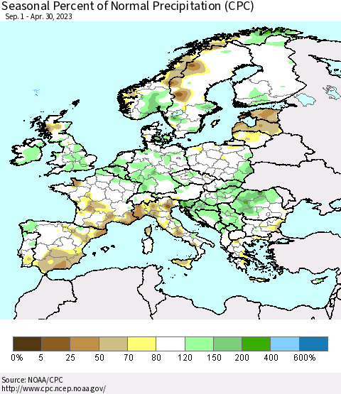 Europe Seasonal Percent of Normal Precipitation (CPC) Thematic Map For 9/1/2022 - 4/30/2023