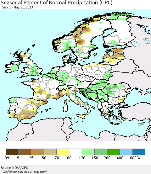 Europe Seasonal Percent of Normal Precipitation (CPC) Thematic Map For 9/1/2022 - 5/20/2023