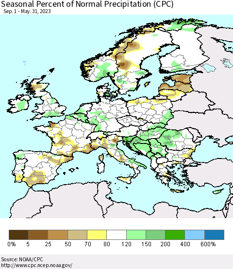 Europe Seasonal Percent of Normal Precipitation (CPC) Thematic Map For 9/1/2022 - 5/31/2023