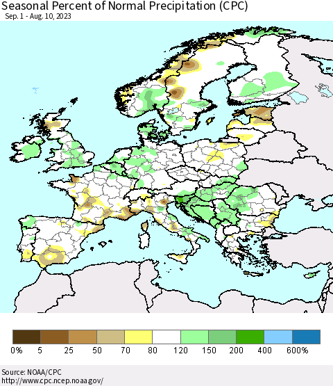 Europe Seasonal Percent of Normal Precipitation (CPC) Thematic Map For 9/1/2022 - 8/10/2023