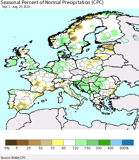 Europe Seasonal Percent of Normal Precipitation (CPC) Thematic Map For 9/1/2022 - 8/20/2023