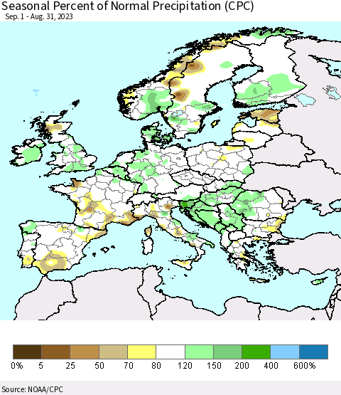 Europe Seasonal Percent of Normal Precipitation (CPC) Thematic Map For 9/1/2022 - 8/31/2023