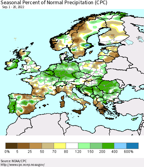 Europe Seasonal Percent of Normal Precipitation (CPC) Thematic Map For 9/1/2022 - 9/20/2022