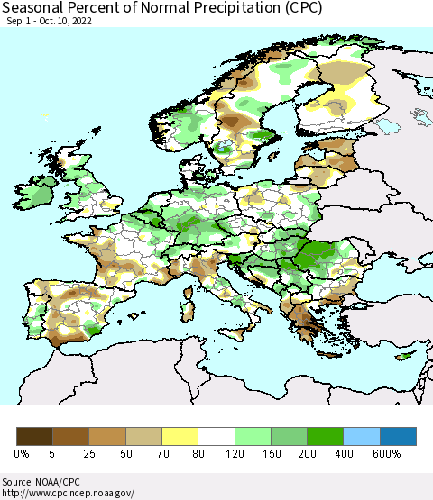 Europe Seasonal Percent of Normal Precipitation (CPC) Thematic Map For 9/1/2022 - 10/10/2022