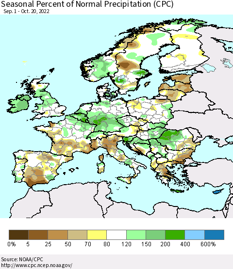 Europe Seasonal Percent of Normal Precipitation (CPC) Thematic Map For 9/1/2022 - 10/20/2022