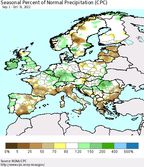 Europe Seasonal Percent of Normal Precipitation (CPC) Thematic Map For 9/1/2022 - 10/31/2022