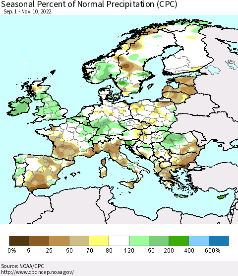 Europe Seasonal Percent of Normal Precipitation (CPC) Thematic Map For 9/1/2022 - 11/10/2022