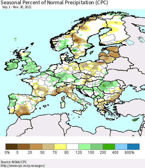 Europe Seasonal Percent of Normal Precipitation (CPC) Thematic Map For 9/1/2022 - 11/30/2022