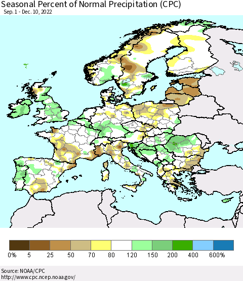 Europe Seasonal Percent of Normal Precipitation (CPC) Thematic Map For 9/1/2022 - 12/10/2022