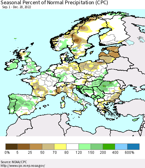 Europe Seasonal Percent of Normal Precipitation (CPC) Thematic Map For 9/1/2022 - 12/20/2022