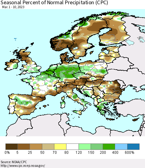 Europe Seasonal Percent of Normal Precipitation (CPC) Thematic Map For 3/1/2023 - 3/10/2023
