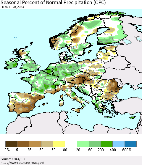 Europe Seasonal Percent of Normal Precipitation (CPC) Thematic Map For 3/1/2023 - 3/20/2023