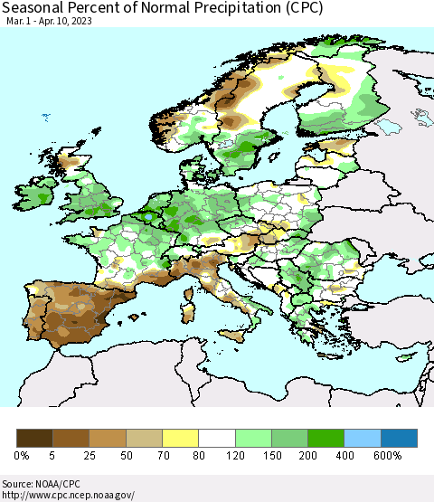 Europe Seasonal Percent of Normal Precipitation (CPC) Thematic Map For 3/1/2023 - 4/10/2023