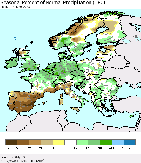 Europe Seasonal Percent of Normal Precipitation (CPC) Thematic Map For 3/1/2023 - 4/20/2023