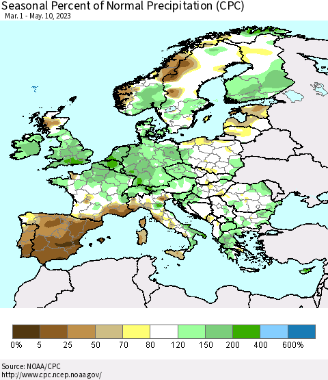Europe Seasonal Percent of Normal Precipitation (CPC) Thematic Map For 3/1/2023 - 5/10/2023