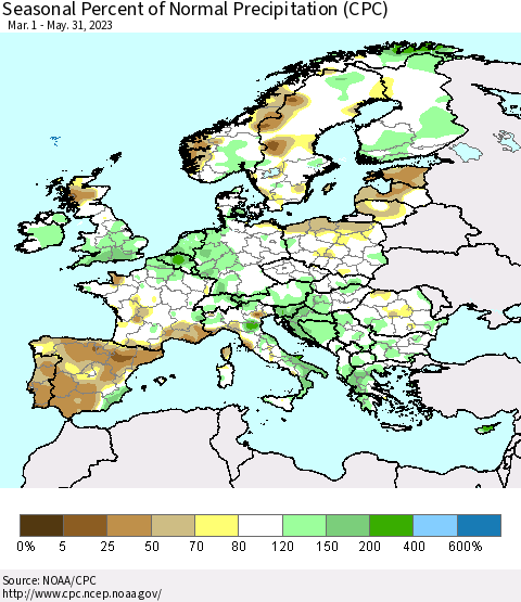 Europe Seasonal Percent of Normal Precipitation (CPC) Thematic Map For 3/1/2023 - 5/31/2023
