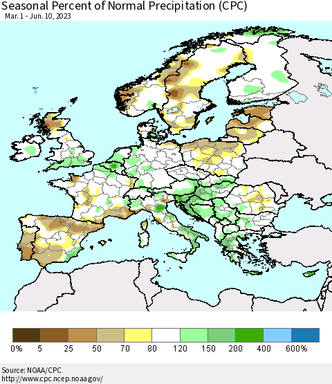 Europe Seasonal Percent of Normal Precipitation (CPC) Thematic Map For 3/1/2023 - 6/10/2023