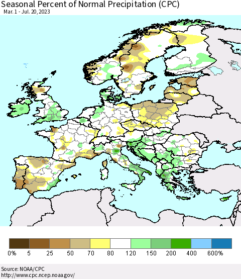 Europe Seasonal Percent of Normal Precipitation (CPC) Thematic Map For 3/1/2023 - 7/20/2023