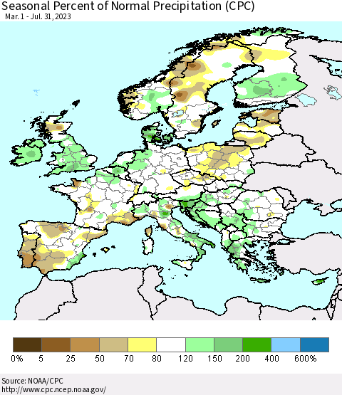 Europe Seasonal Percent of Normal Precipitation (CPC) Thematic Map For 3/1/2023 - 7/31/2023