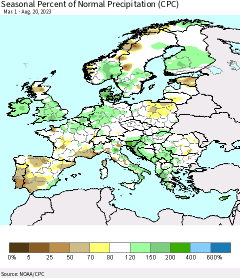 Europe Seasonal Percent of Normal Precipitation (CPC) Thematic Map For 3/1/2023 - 8/20/2023