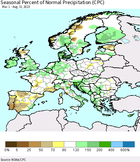 Europe Seasonal Percent of Normal Precipitation (CPC) Thematic Map For 3/1/2023 - 8/31/2023