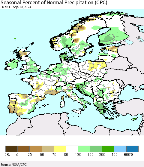 Europe Seasonal Percent of Normal Precipitation (CPC) Thematic Map For 3/1/2023 - 9/10/2023