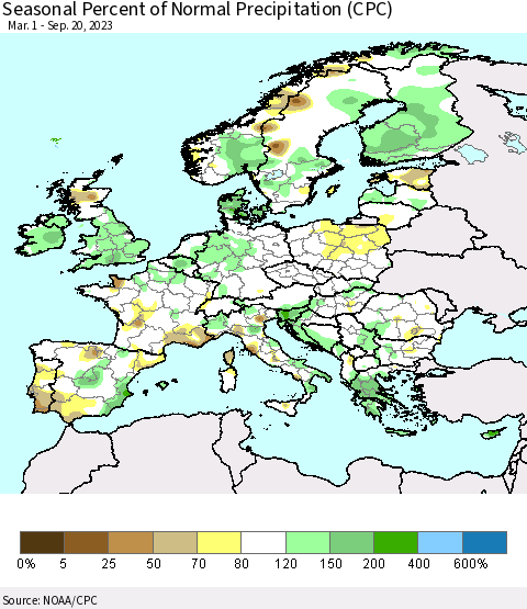 Europe Seasonal Percent of Normal Precipitation (CPC) Thematic Map For 3/1/2023 - 9/20/2023