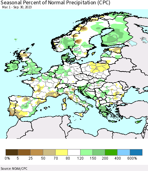 Europe Seasonal Percent of Normal Precipitation (CPC) Thematic Map For 3/1/2023 - 9/30/2023