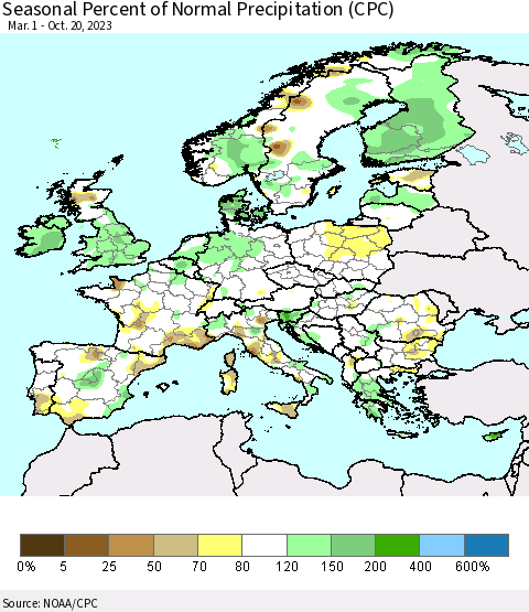 Europe Seasonal Percent of Normal Precipitation (CPC) Thematic Map For 3/1/2023 - 10/20/2023