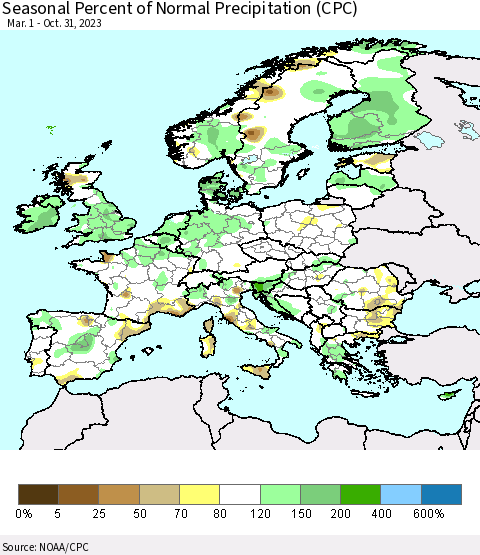 Europe Seasonal Percent of Normal Precipitation (CPC) Thematic Map For 3/1/2023 - 10/31/2023