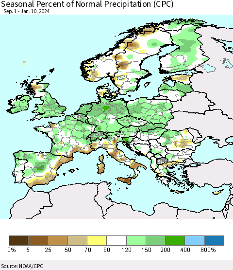 Europe Seasonal Percent of Normal Precipitation (CPC) Thematic Map For 9/1/2023 - 1/10/2024