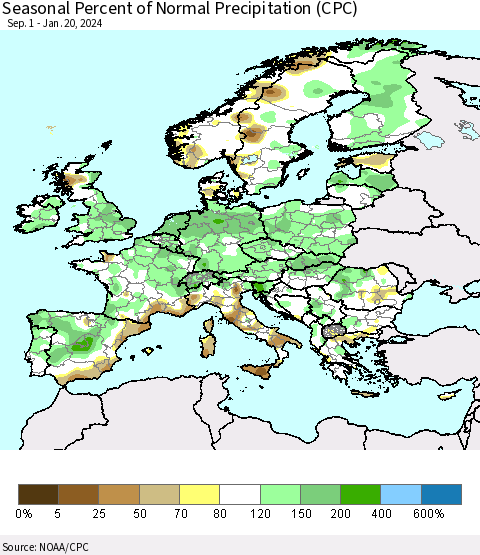 Europe Seasonal Percent of Normal Precipitation (CPC) Thematic Map For 9/1/2023 - 1/20/2024