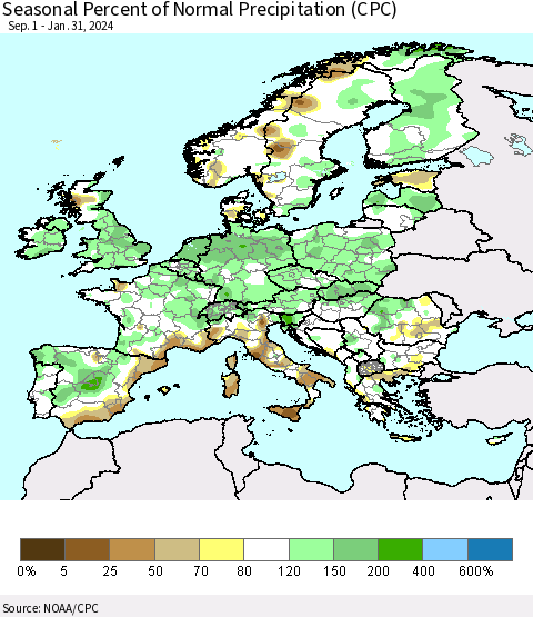 Europe Seasonal Percent of Normal Precipitation (CPC) Thematic Map For 9/1/2023 - 1/31/2024