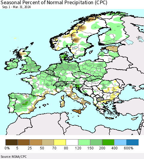 Europe Seasonal Percent of Normal Precipitation (CPC) Thematic Map For 9/1/2023 - 3/31/2024