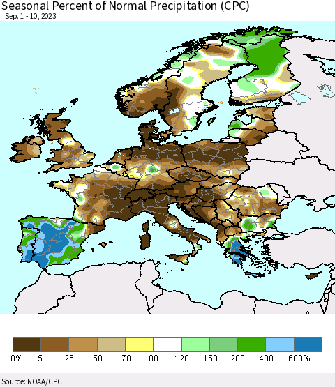 Europe Seasonal Percent of Normal Precipitation (CPC) Thematic Map For 9/1/2023 - 9/10/2023