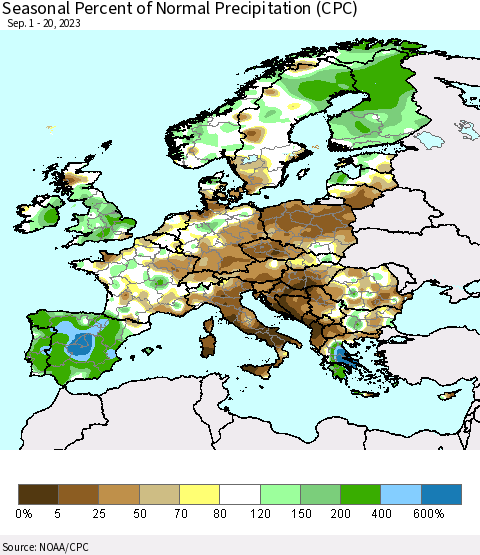 Europe Seasonal Percent of Normal Precipitation (CPC) Thematic Map For 9/1/2023 - 9/20/2023