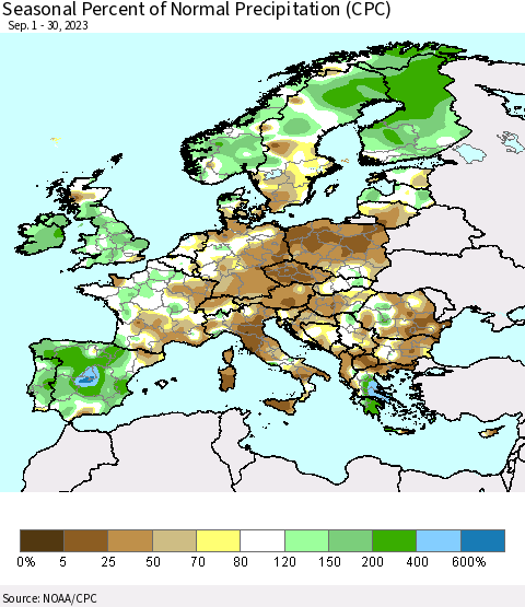 Europe Seasonal Percent of Normal Precipitation (CPC) Thematic Map For 9/1/2023 - 9/30/2023