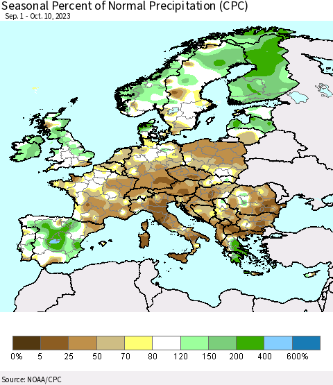 Europe Seasonal Percent of Normal Precipitation (CPC) Thematic Map For 9/1/2023 - 10/10/2023