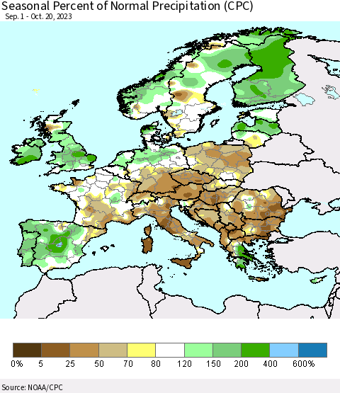 Europe Seasonal Percent of Normal Precipitation (CPC) Thematic Map For 9/1/2023 - 10/20/2023