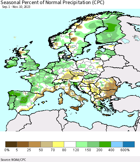 Europe Seasonal Percent of Normal Precipitation (CPC) Thematic Map For 9/1/2023 - 11/10/2023